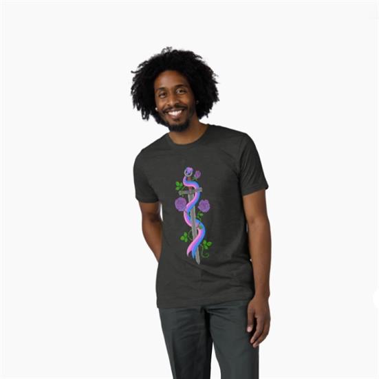 A t-shirt featuring a sword wrapped in a Bisexual Pride flag and three multi-colored roses on a green vine.