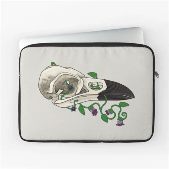 Laptop zippered pouch featuring a corvid skull with a deadly nightshade vine woven through it.