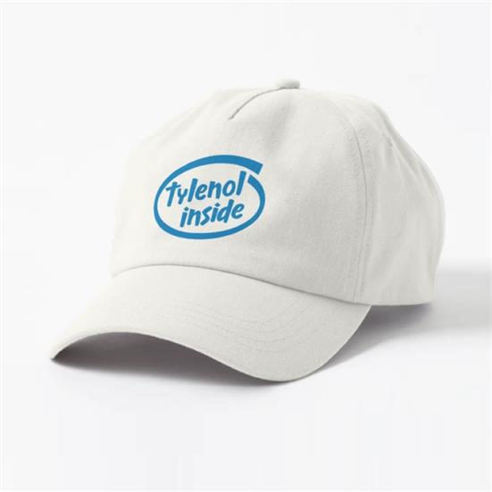 A basebal cap hat featuring a blue and white design that says Tylenol Inside,